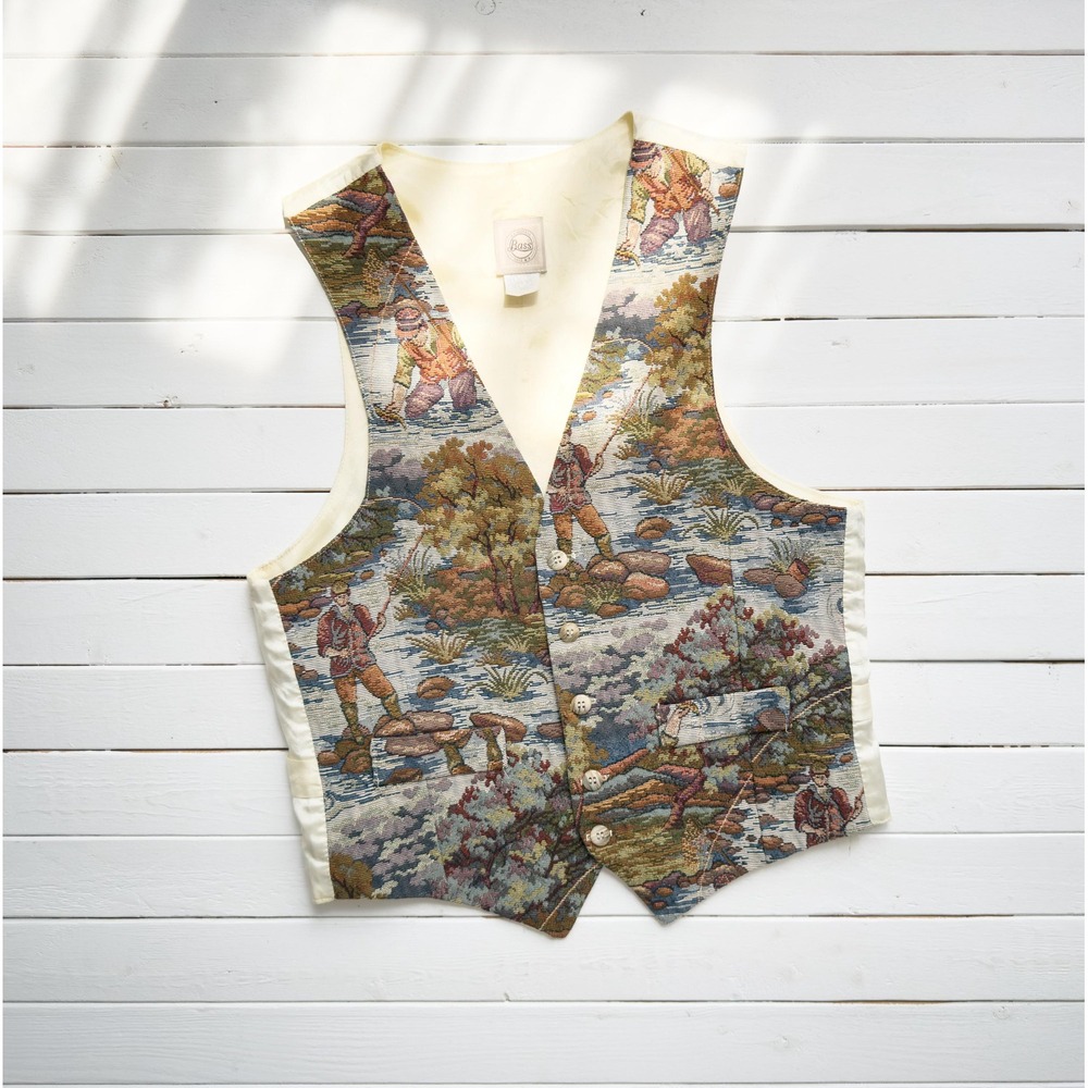 vtg Bass fly fishing novelty print tapestry vest‎